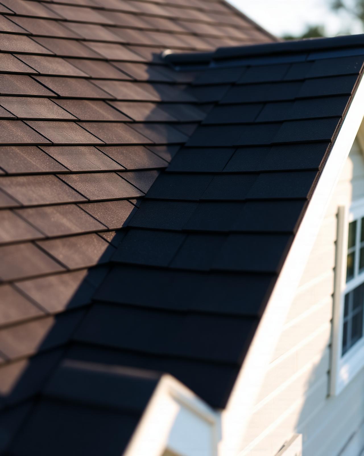 Close-up of dark architectural asphalt shingles